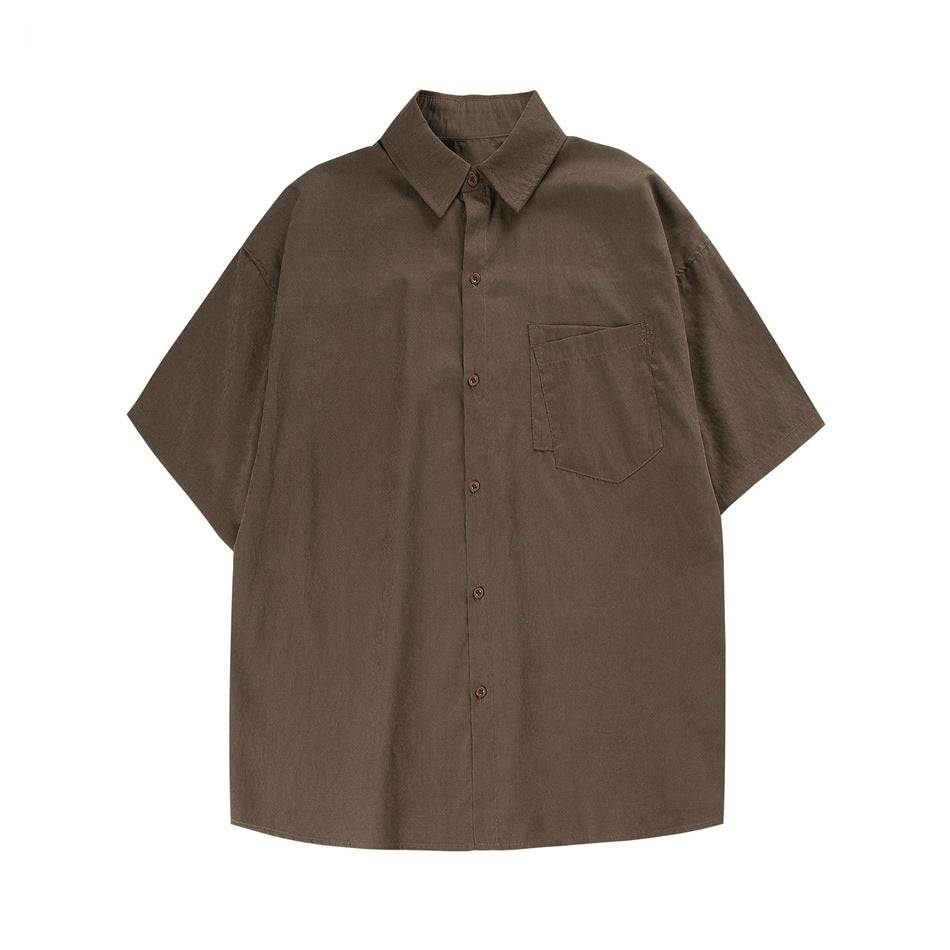 Coffee brown short-sleeve button-up shirt with chest pocket, flat lay front view