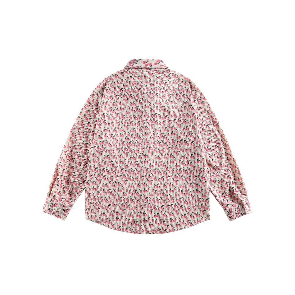 Back view of pink floral print long-sleeve shirt with collar and buttoned cuffs, flat lay on white