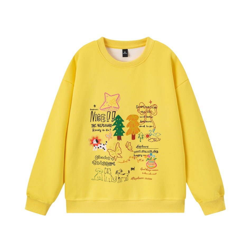 Yellow crew-neck sweatshirt with colorful illustrated trees, dogs and butterflies print on the front