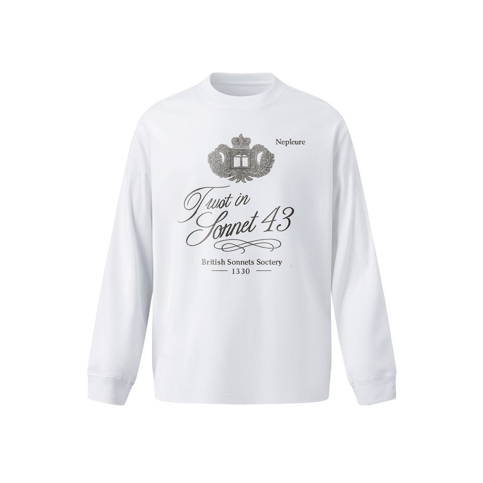 White long-sleeve crew-neck top with a crest and script 'Sonnet 43' graphic on the chest