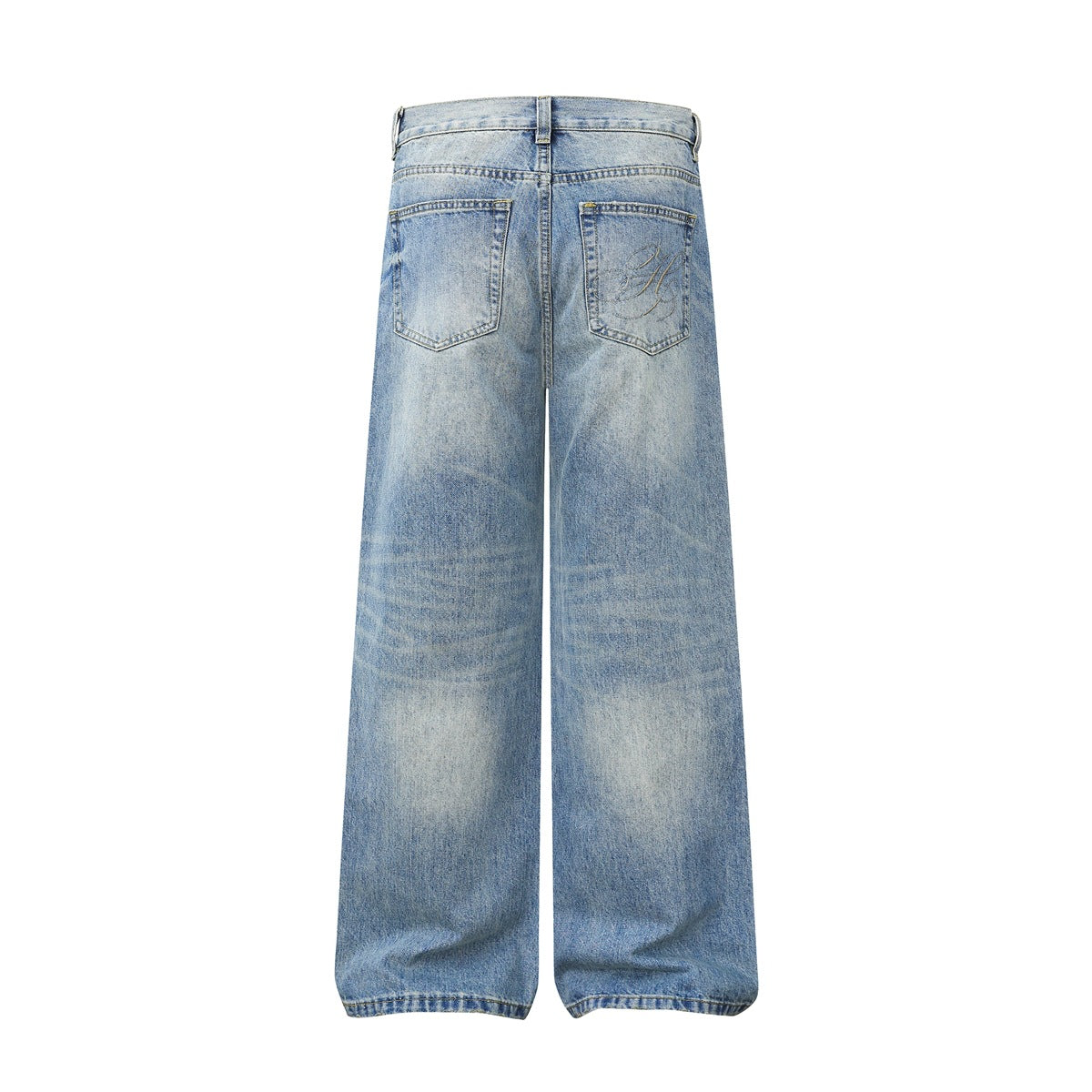 Back view of light-wash blue wide-leg jeans with two pockets and decorative stitching on one pocket.