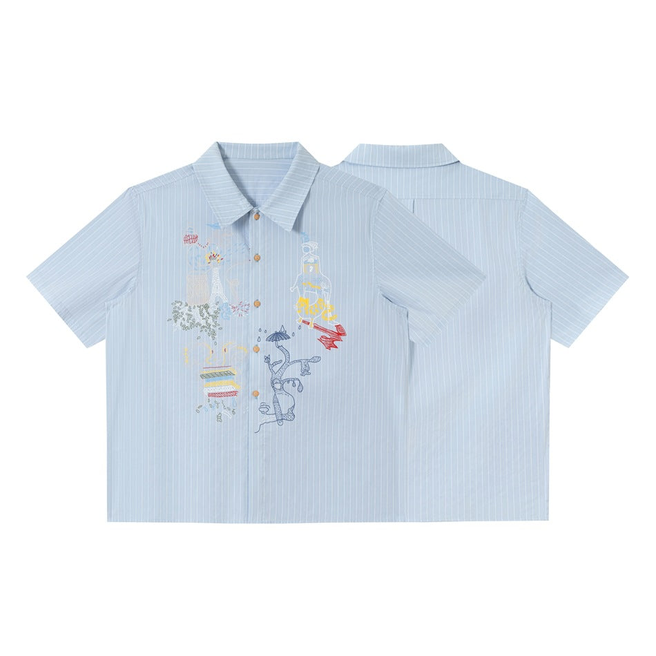 Light blue short-sleeve button-up shirt with white pinstripes and colorful illustrated embroidery, shown front and back.