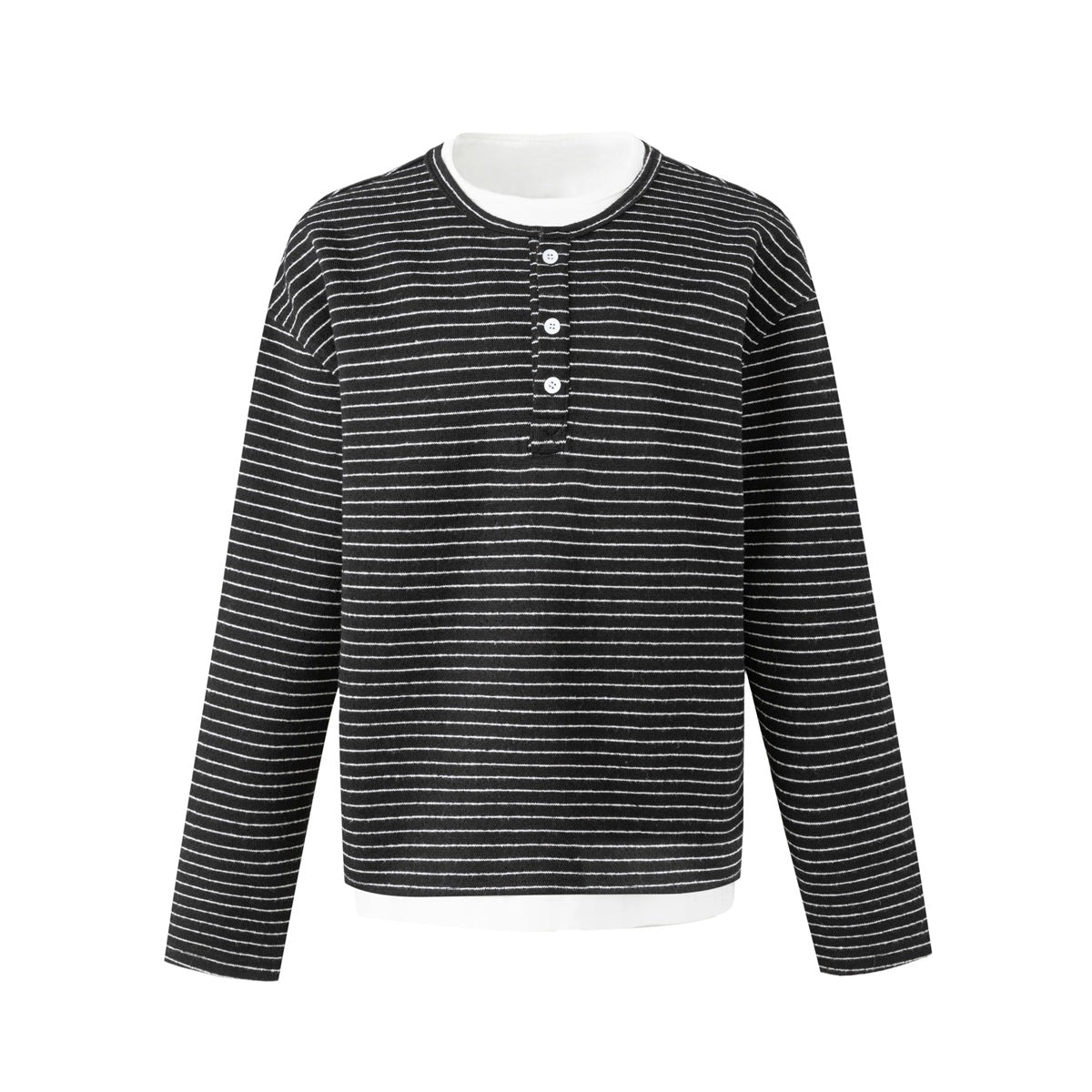 Black and white striped long-sleeve Henley top with three buttons and white layered collar and hem