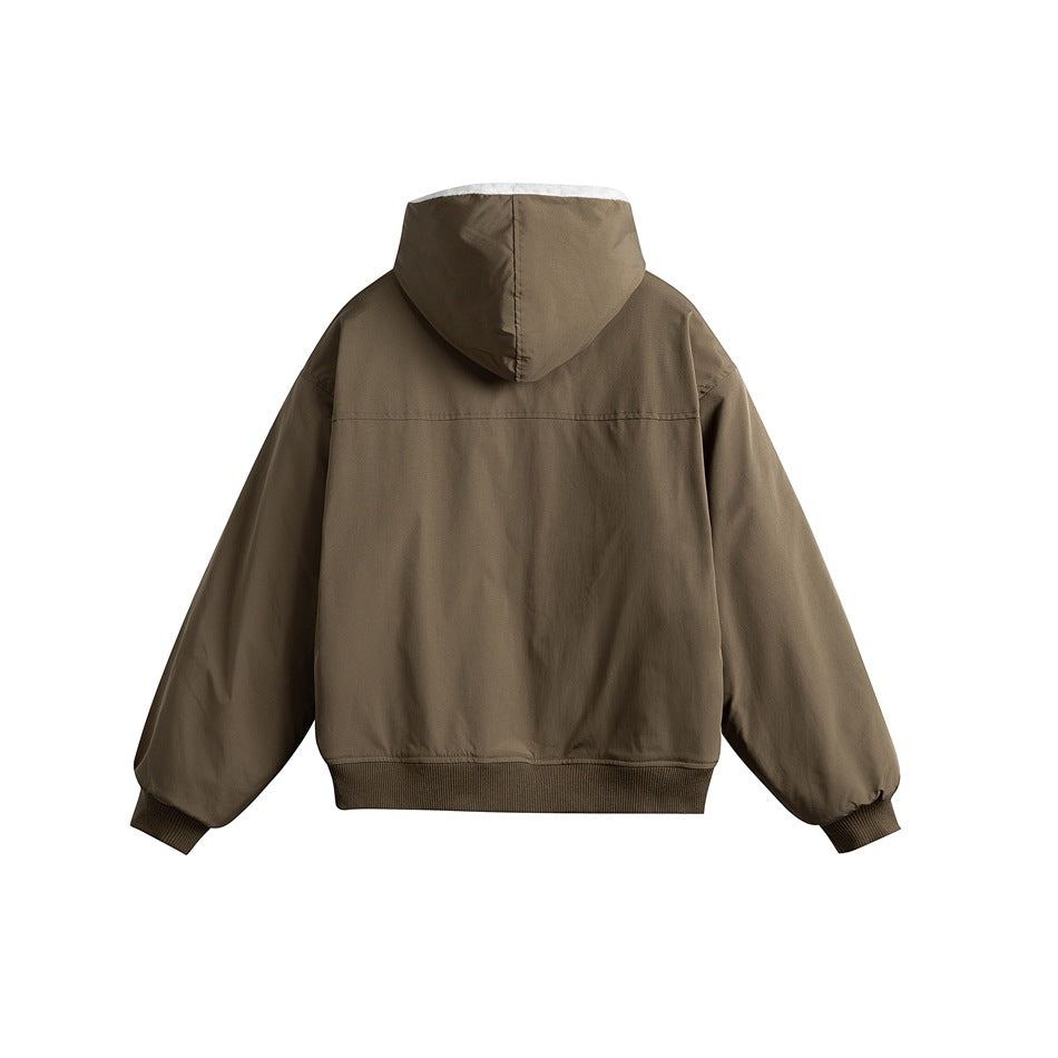Back view of an olive-brown hooded jacket with long sleeves and ribbed cuffs and hem.