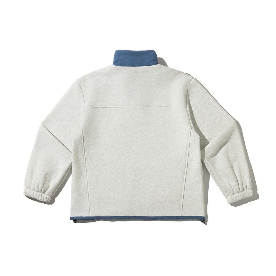 Back view of a light gray pullover with a blue stand collar, elastic cuffs, and blue hem trim.