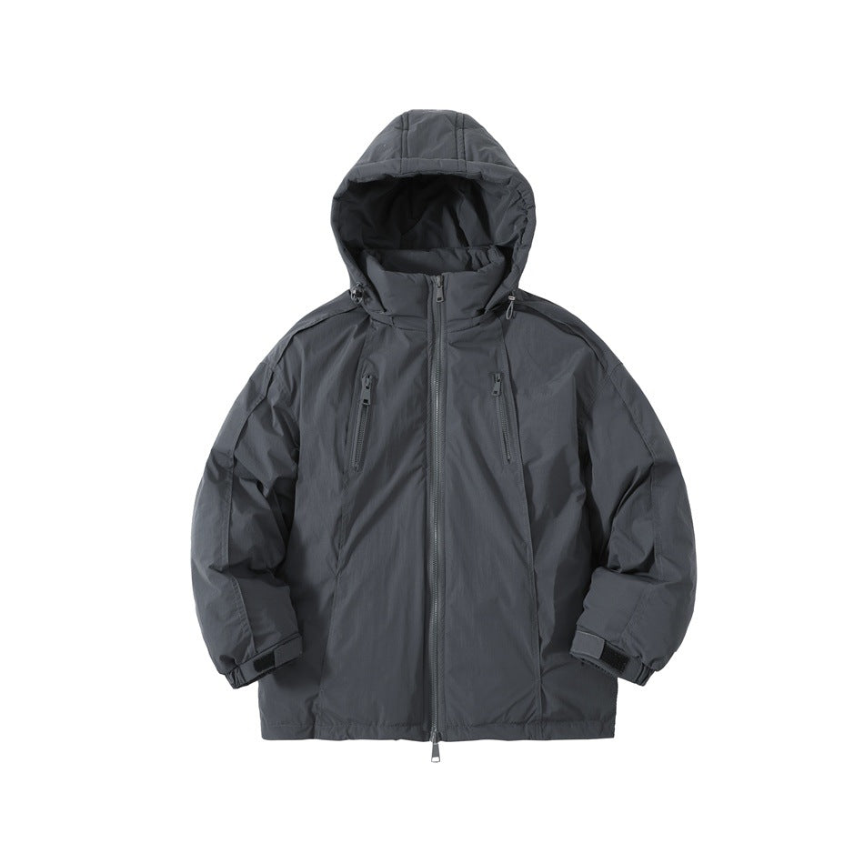 Dark gray hooded zip-up jacket with chest zip pockets and cuff tabs, front flat view