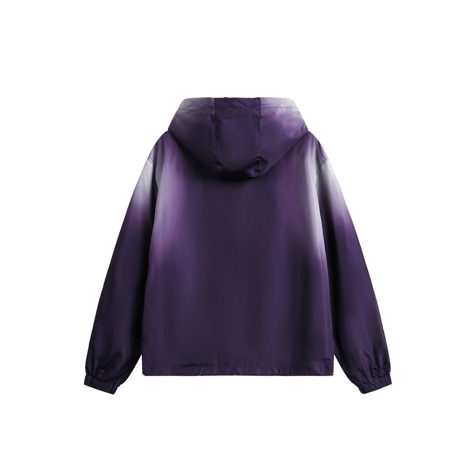 Back view of a deep purple hooded jacket with long sleeves and elastic cuffs, shown flat against a white background.