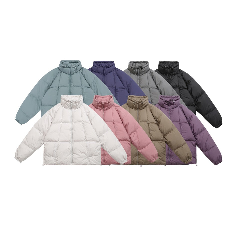 Eight front-view puffer jackets with high collars in pale blue, navy, gray, black, white, pink, taupe and purple.