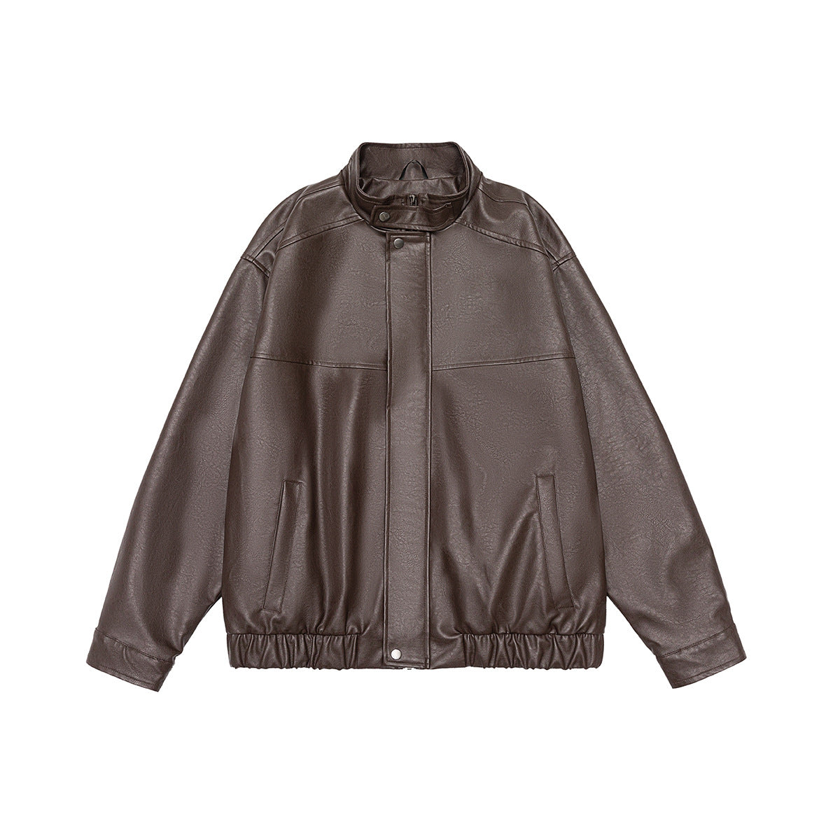 Brown faux-leather-look stand-collar jacket, flat front view with zip placket, pockets and elastic hem