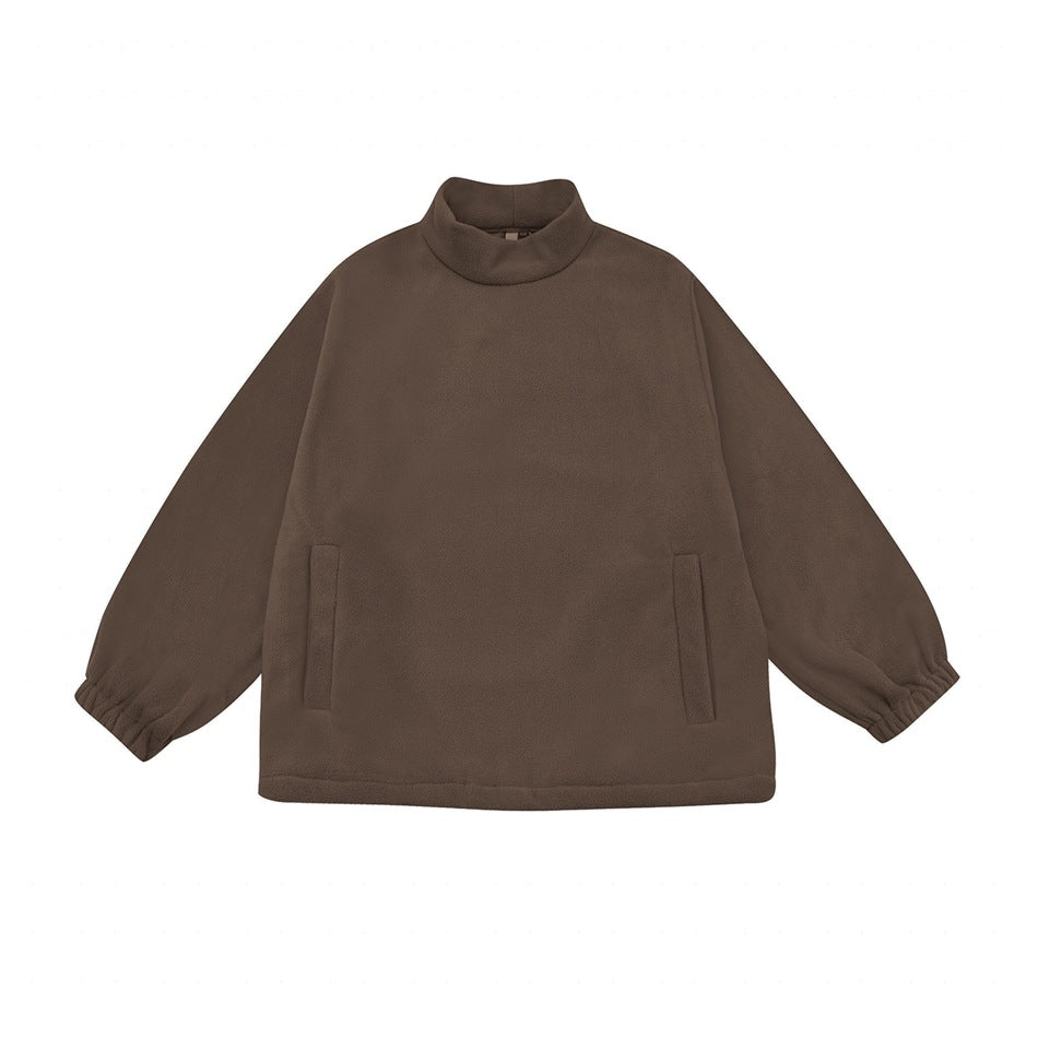 Brown mock-neck fleece-textured pullover with elastic cuffs and two slit pockets, flat lay front view