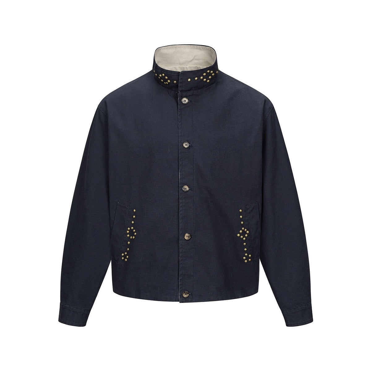 Navy stand-collar button-front jacket with brass-tone stud clusters on the collar and pockets, flat front view