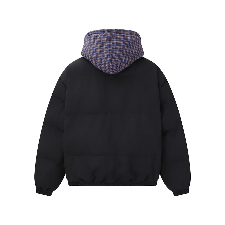 Back view of a black hooded jacket with a brown-and-blue plaid hood lining and elastic cuffs and hem.