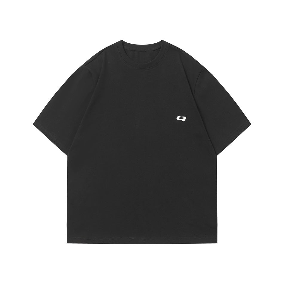 Black short-sleeve crew neck T-shirt flat lay with small white logo mark on left chest