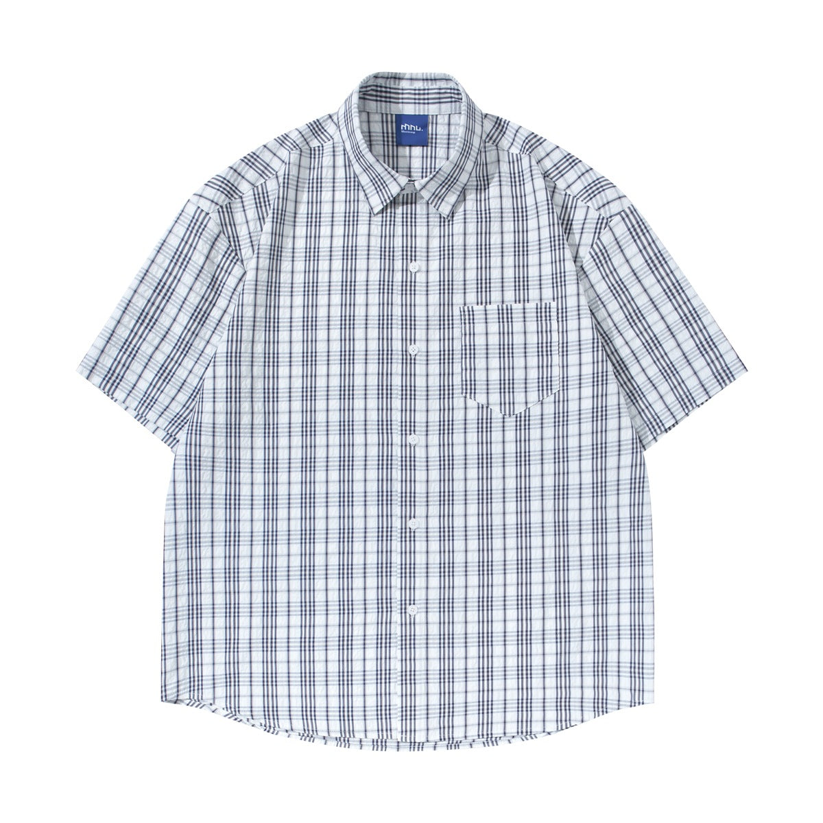 Navy and white plaid short-sleeve button-up shirt with chest pocket, flat lay front view
