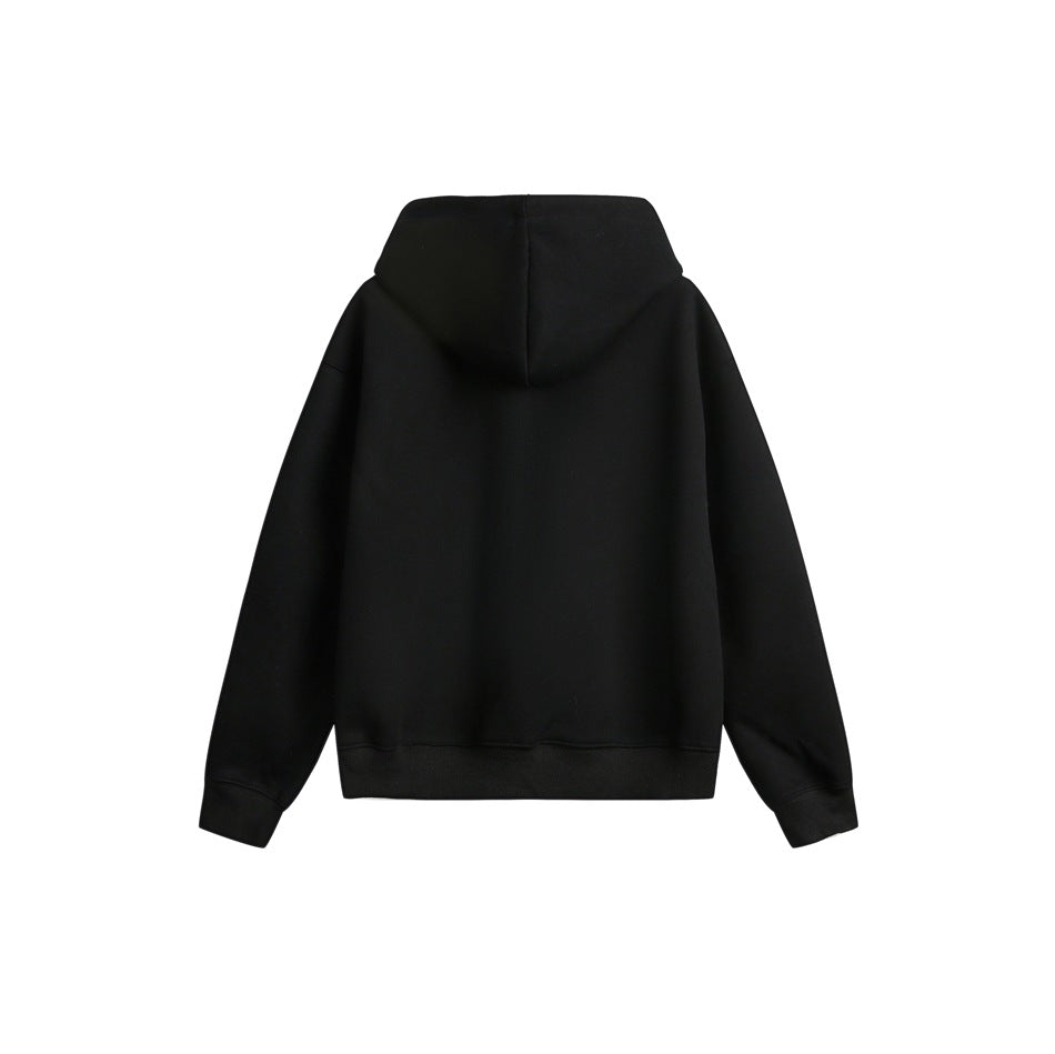 Back view of a plain black hoodie with a hood, long sleeves, ribbed cuffs, and hem.
