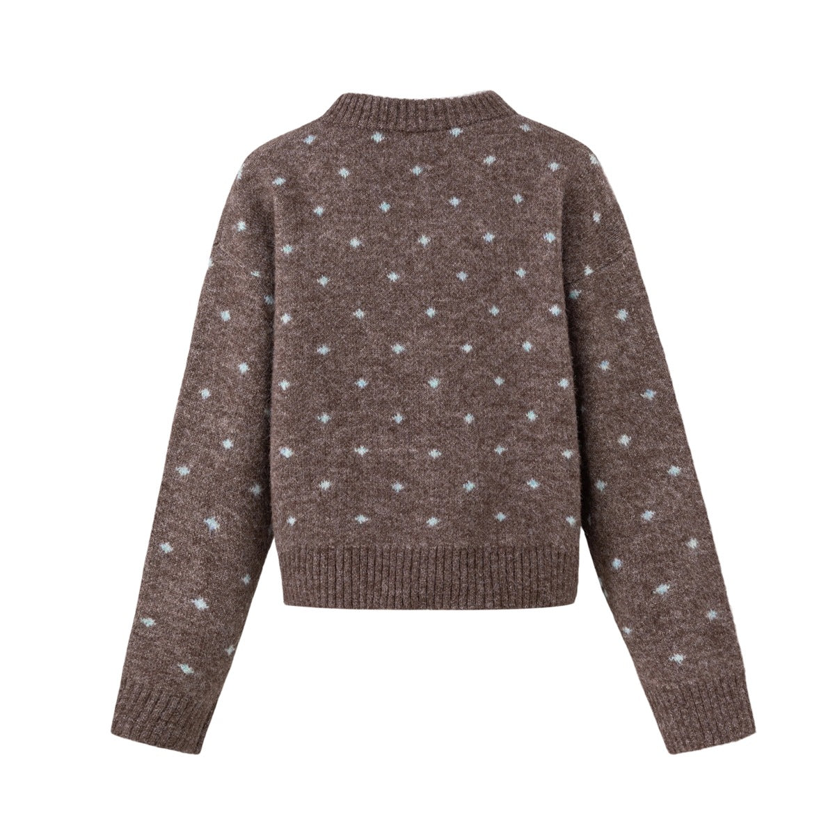 Back view of a brown long-sleeve knit sweater with small pale blue dots, a ribbed collar, cuffs, and hem.