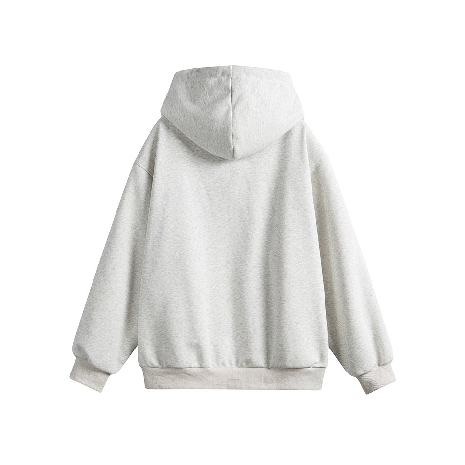 Back view of a heather gray hooded jacket with a plain back, ribbed cuffs and ribbed hem