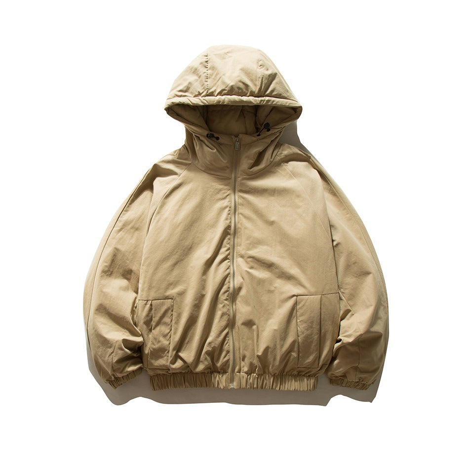 Khaki hooded zip-up jacket flat lay, front view, with lower front pockets and elastic cuffs and hem