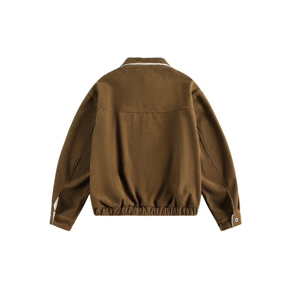 Back view of a brown jacket with a gathered hem, buttoned cuffs, and a narrow white accent at the collar.