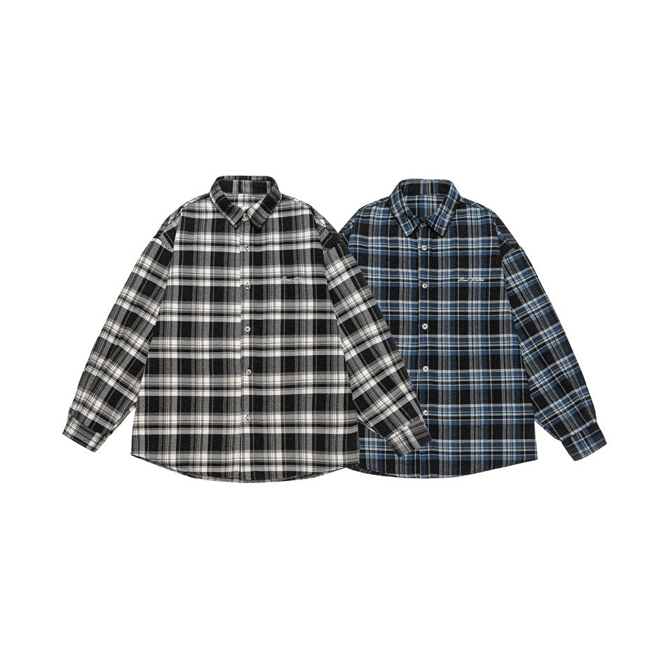 Two button-up plaid shirts displayed side by side: one black and white, the other blue and black.