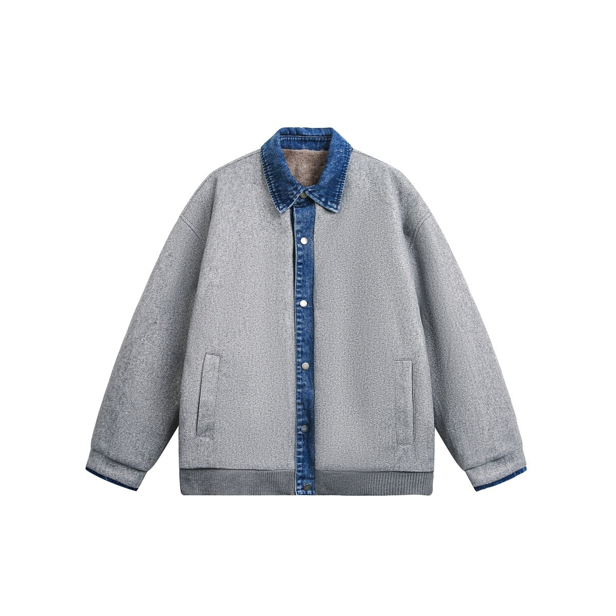 Gray wool-look snap-front jacket with blue denim collar and placket, front pockets and ribbed hem, flat view