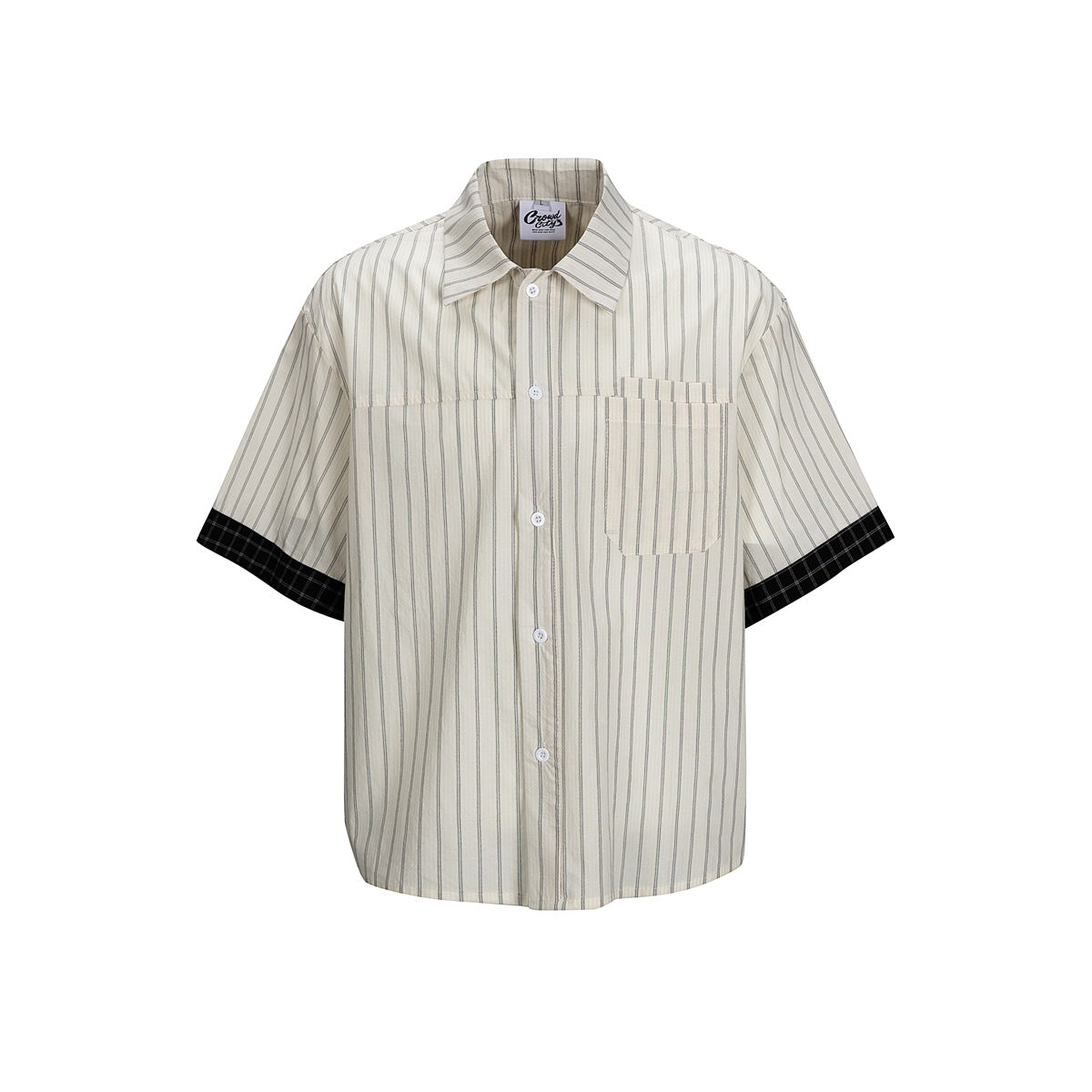 Off-white short-sleeve button-up shirt with dark vertical stripes, chest pocket and black grid-check cuffs, front view