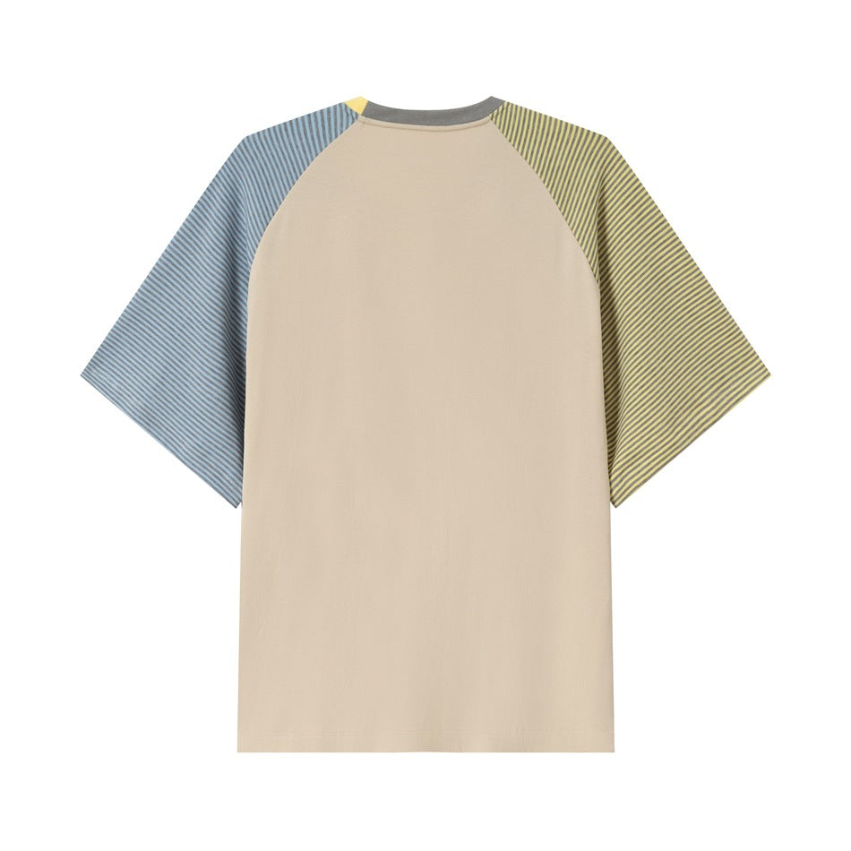 Back of beige raglan T-shirt with blue and yellow striped sleeves and a gray neckband