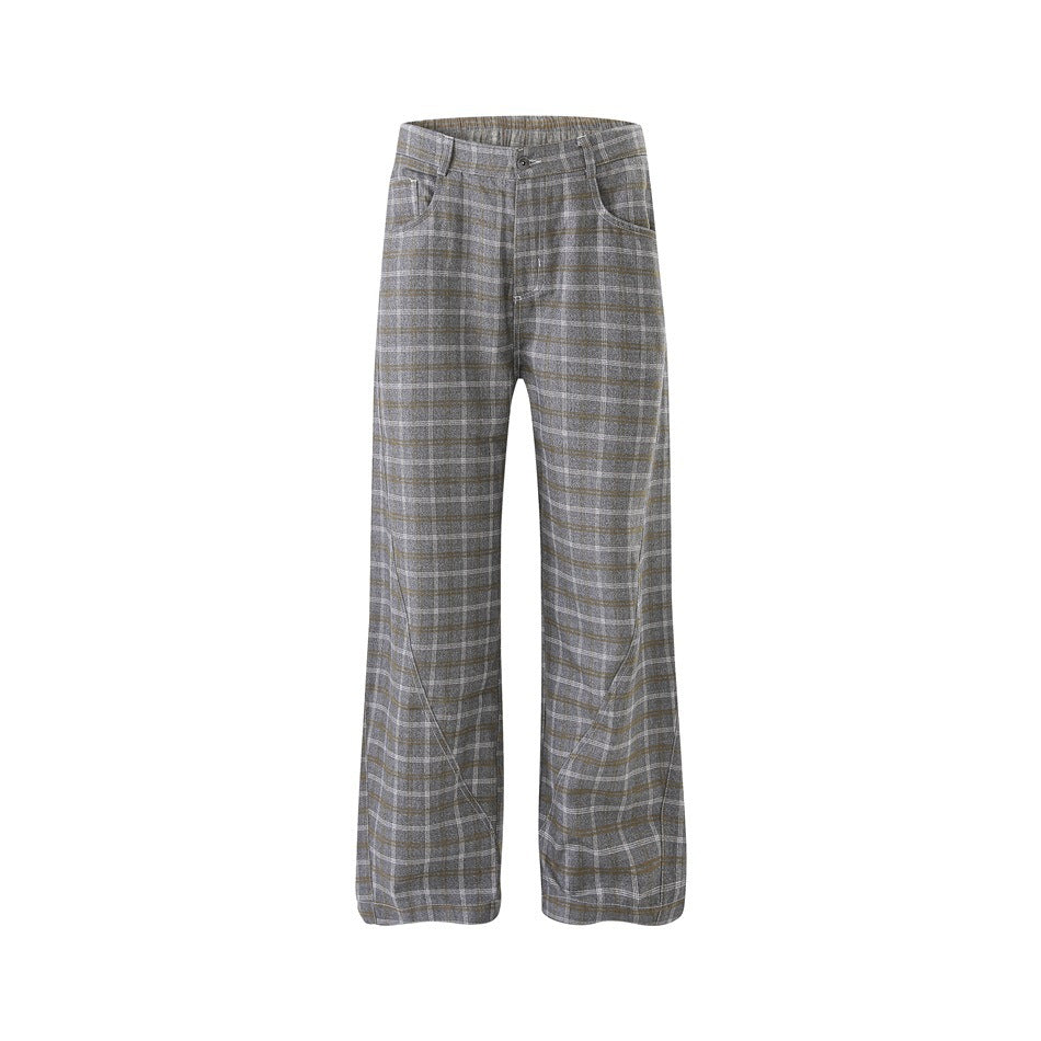 Front view of gray plaid wide-leg trousers with a button closure and curved side pockets.