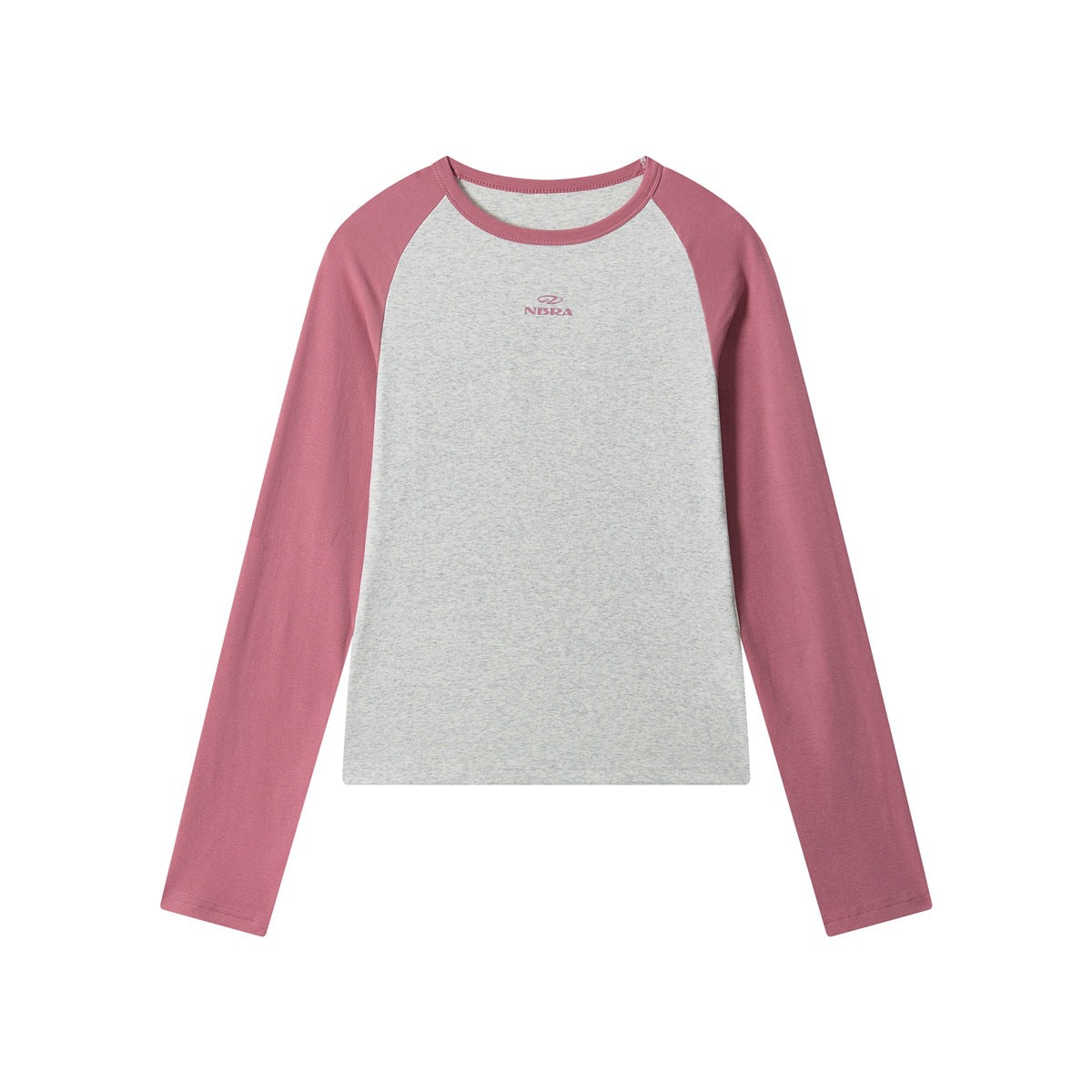 Front view of a gray-marl long-sleeve raglan shirt with dusty pink sleeves and a small chest logo.