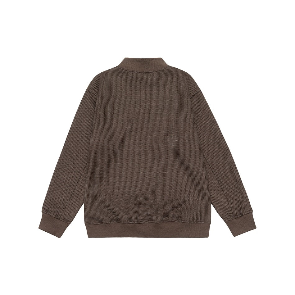 Back view of a brown textured sweater with a stand collar, long sleeves and ribbed cuffs and hem.