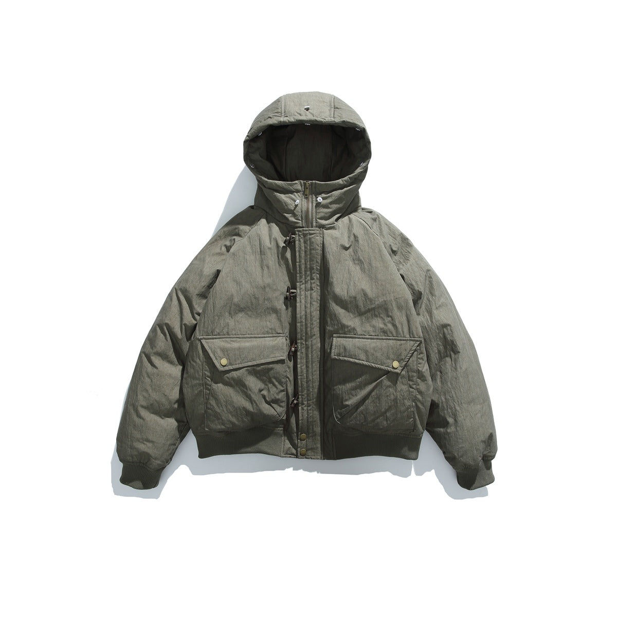 Front view of an olive-gray hooded jacket with toggle closures, two flap pockets, and ribbed cuffs and hem.