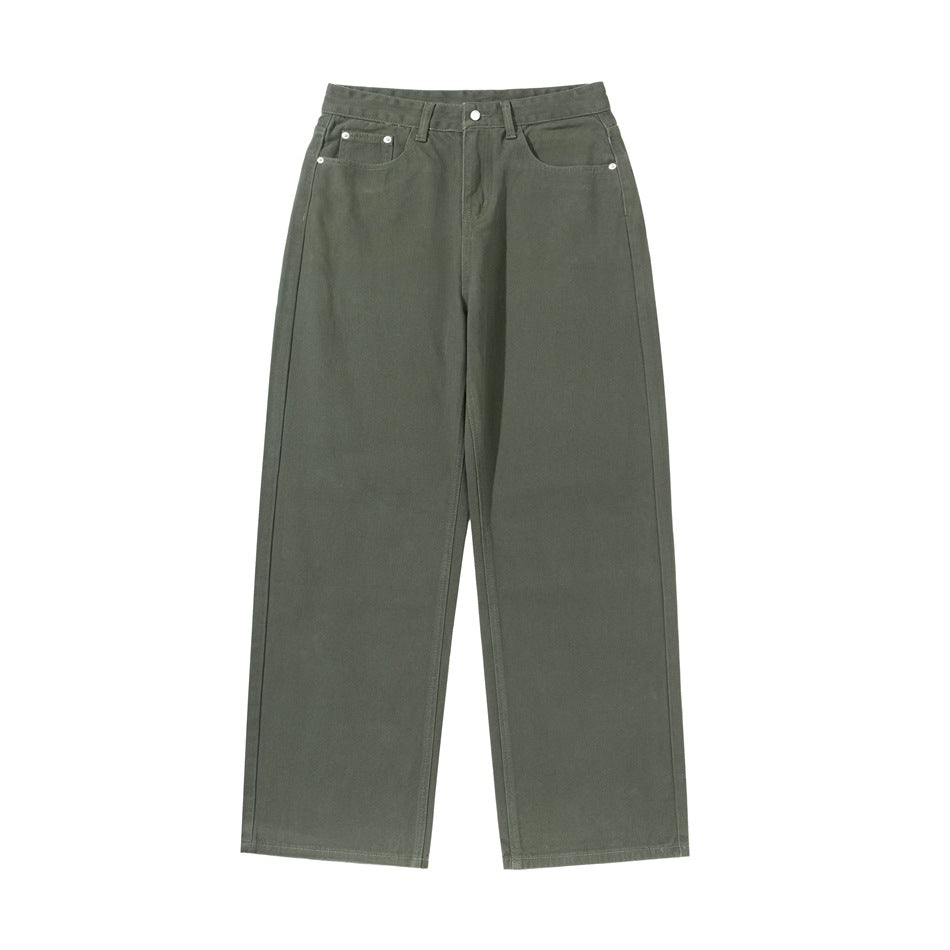 Front flat view of green wide straight-leg pants with button closure and front pockets