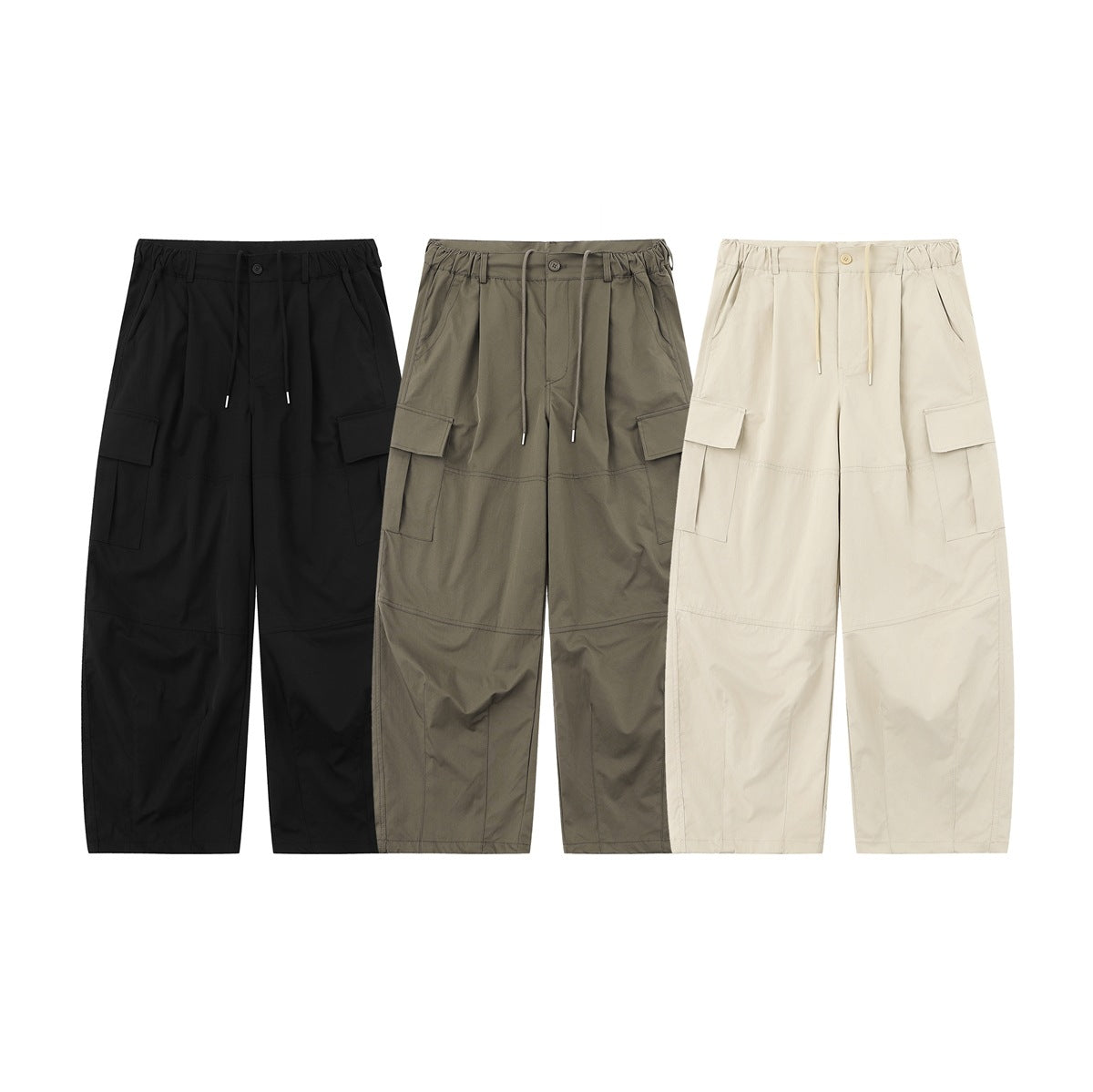 Three pairs of wide-leg cargo pants shown from the front in black, olive gray and light beige.