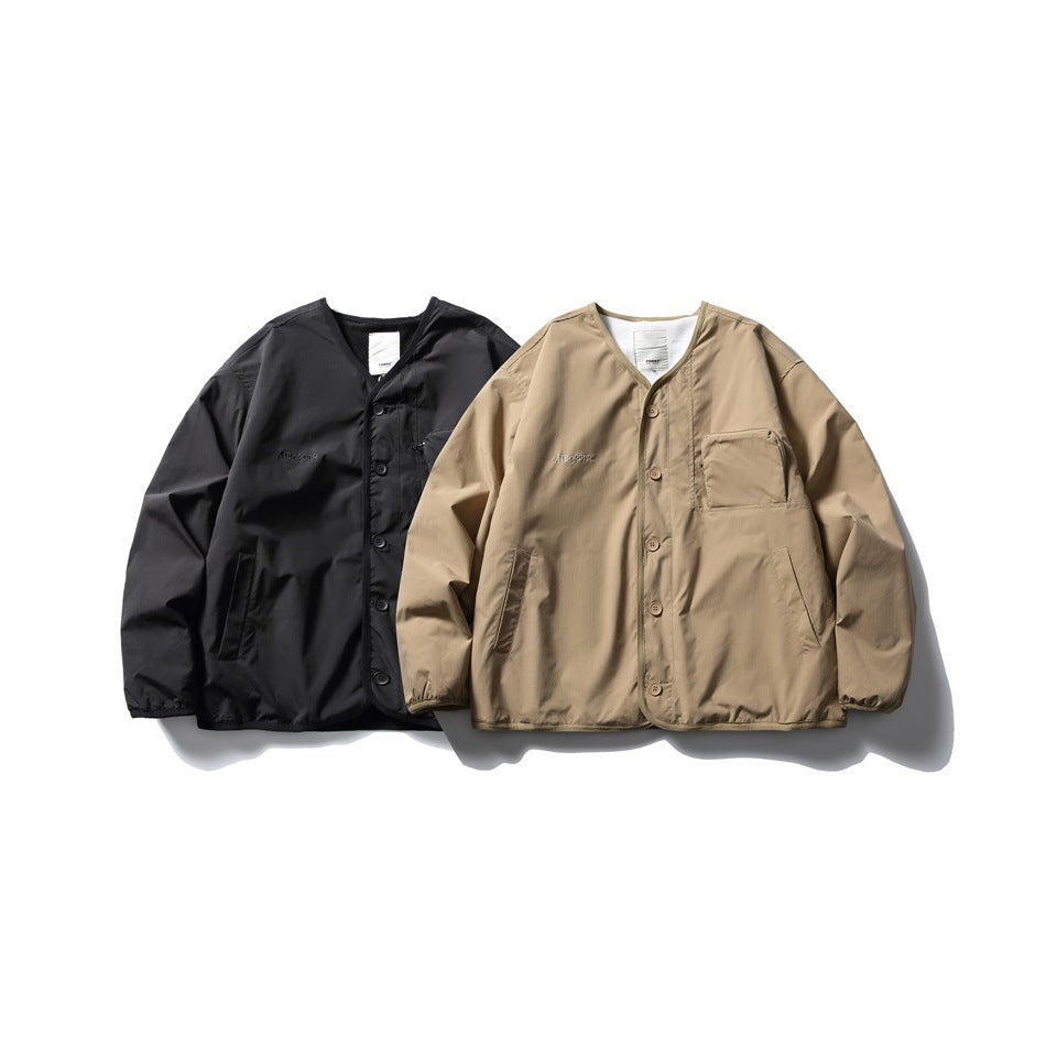 Two button-front jackets displayed together: one black and one tan, each with a chest pocket and lower hand pockets.