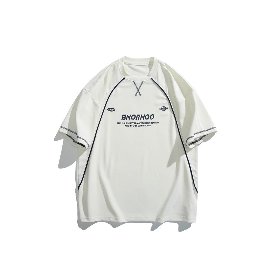 Front of an off-white short-sleeve T-shirt with dark piping, contrast sleeve stitching, and printed English graphics.