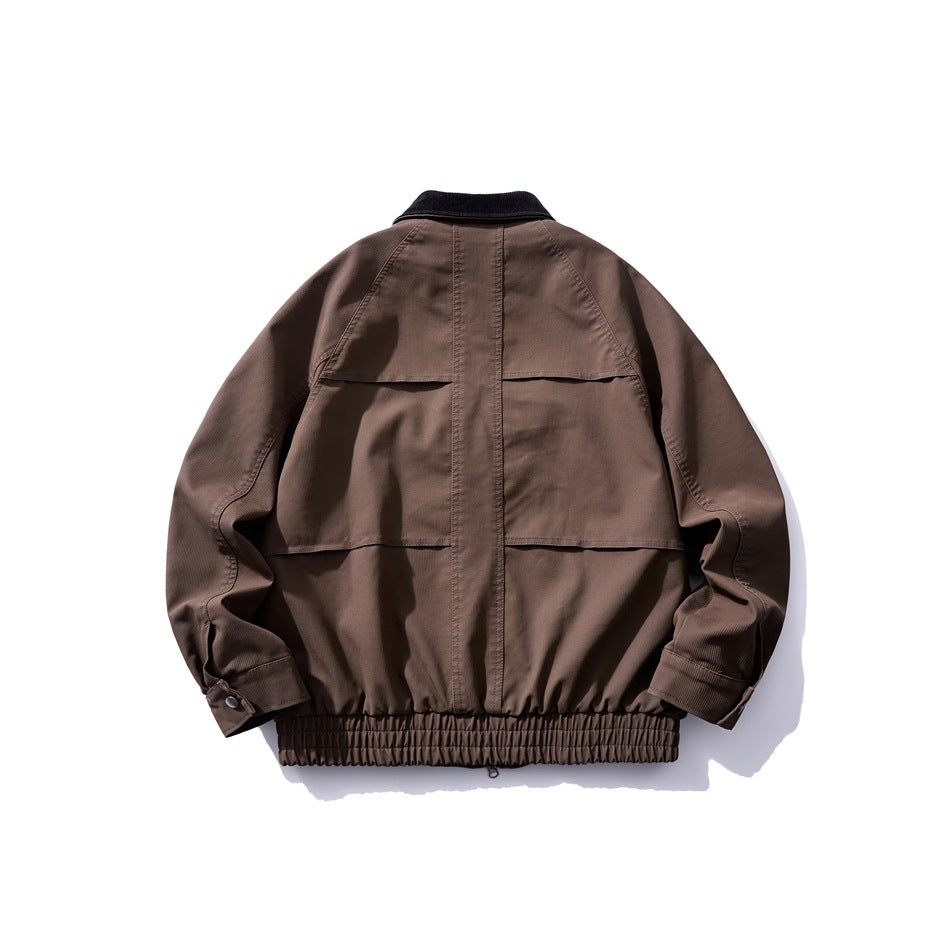 Back view of a brown jacket with a black collar, paneled stitching, snap cuffs, and a gathered hem.