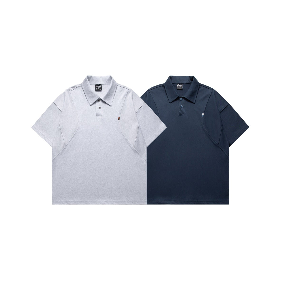 Two short-sleeve polo shirts shown from the front, in light gray and dark navy.