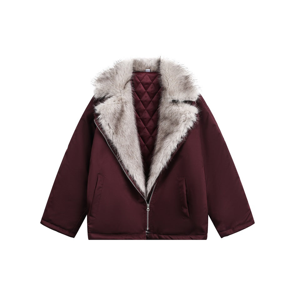 Front view of a burgundy jacket with a large pale gray fur collar, zip closure, pockets, and quilted lining.