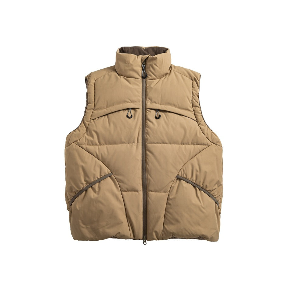 Khaki quilted stand-collar puffer vest, front view, with center zipper, toggle drawcords and brown piping