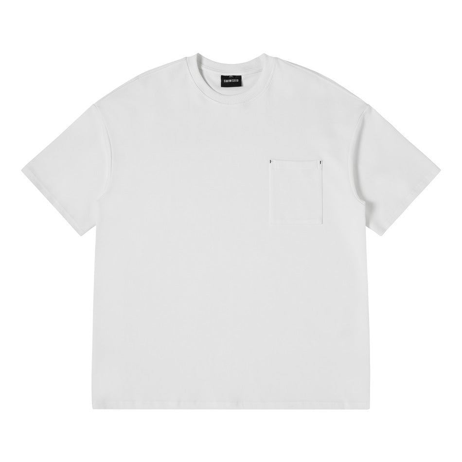 White short-sleeve crew-neck T-shirt with chest patch pocket, flat front view