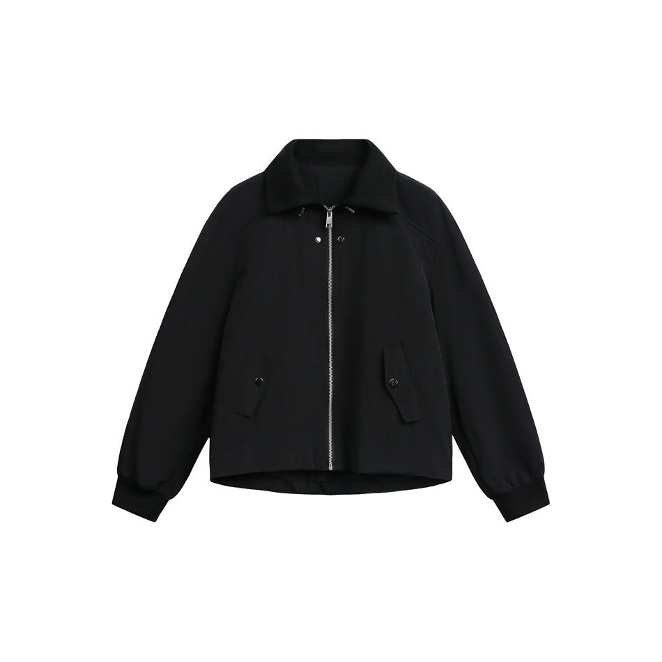Black cropped zip-front jacket with collar, flap pockets and ribbed cuffs on white background