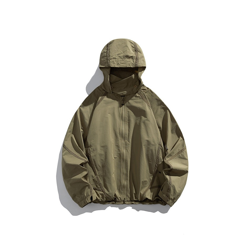 Olive-khaki hooded zip jacket with tonal piping and gathered hem, flat lay front view