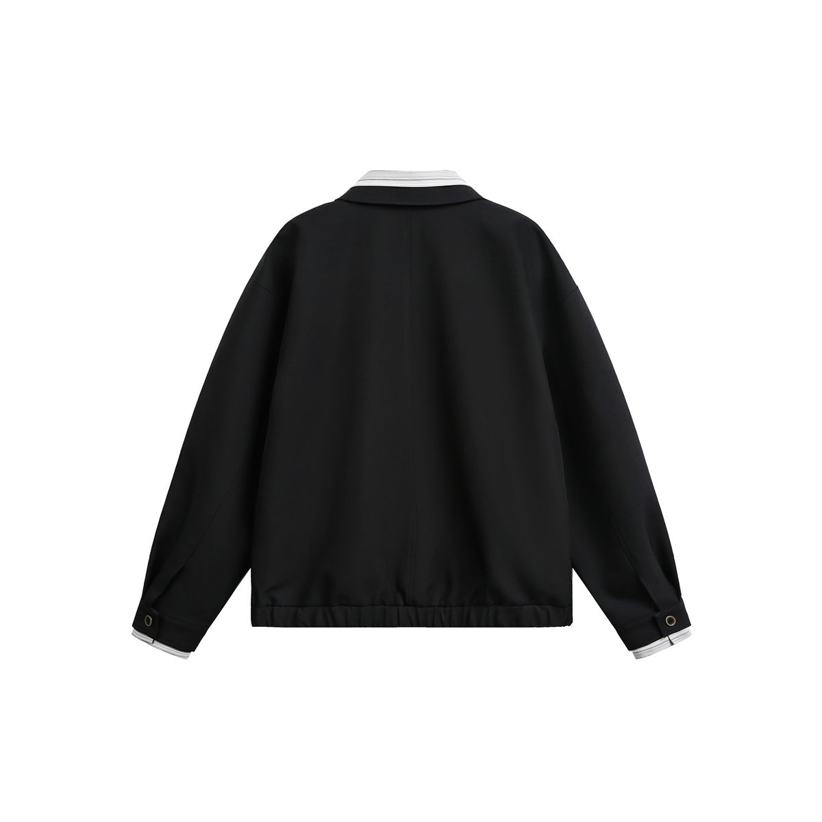 Back view of a black jacket with a striped collar and cuffs, buttoned sleeve tabs and an elasticated hem.
