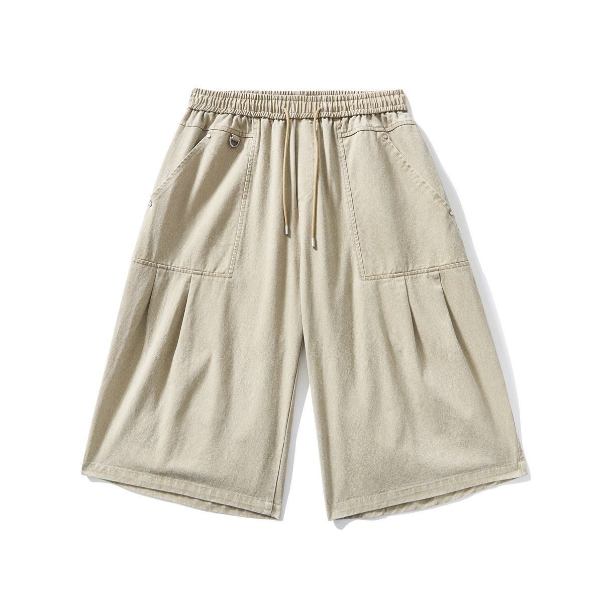 Khaki wide-leg knee-length shorts with elastic drawstring waist, large front pockets and pleats, flat lay front view