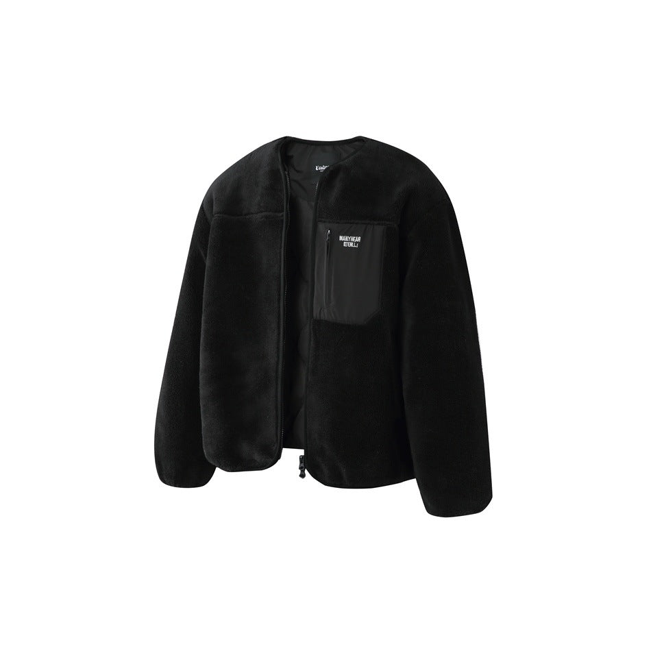 Black fleece jacket with a black chest pocket, shown from the front against white.