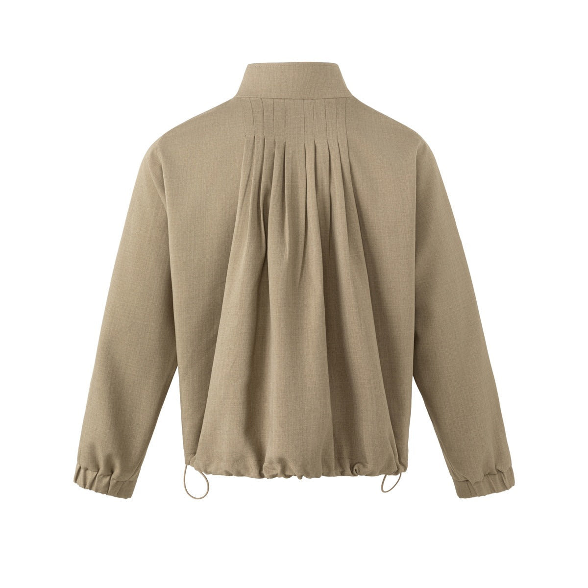 Back view of a taupe jacket with a stand collar, gathered pleats, elastic cuffs and an adjustable drawstring hem.