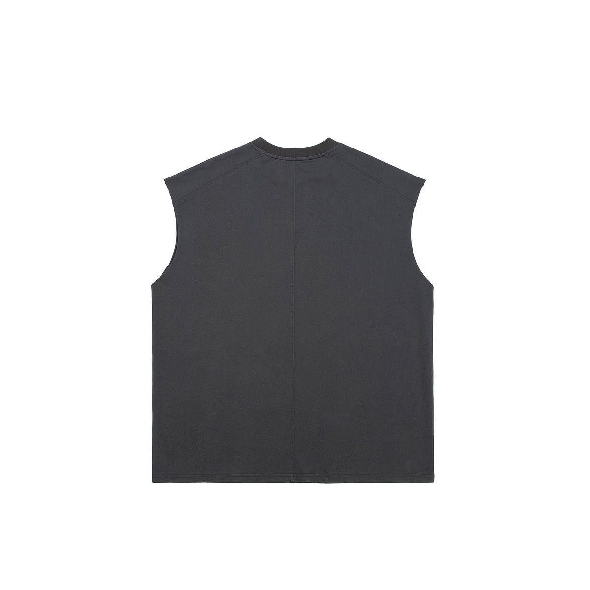 Back view of a charcoal sleeveless crew-neck top with broad shoulders and a center-back seam, laid flat.
