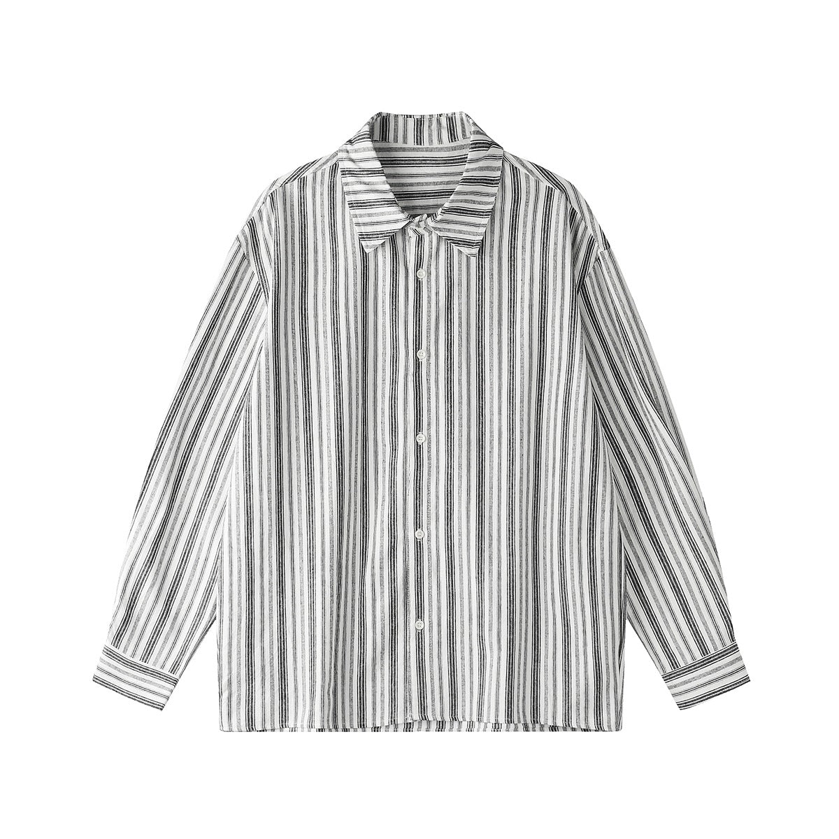 Flat-lay front of a long-sleeve button-up shirt with white, gray and black vertical stripes and a pointed collar
