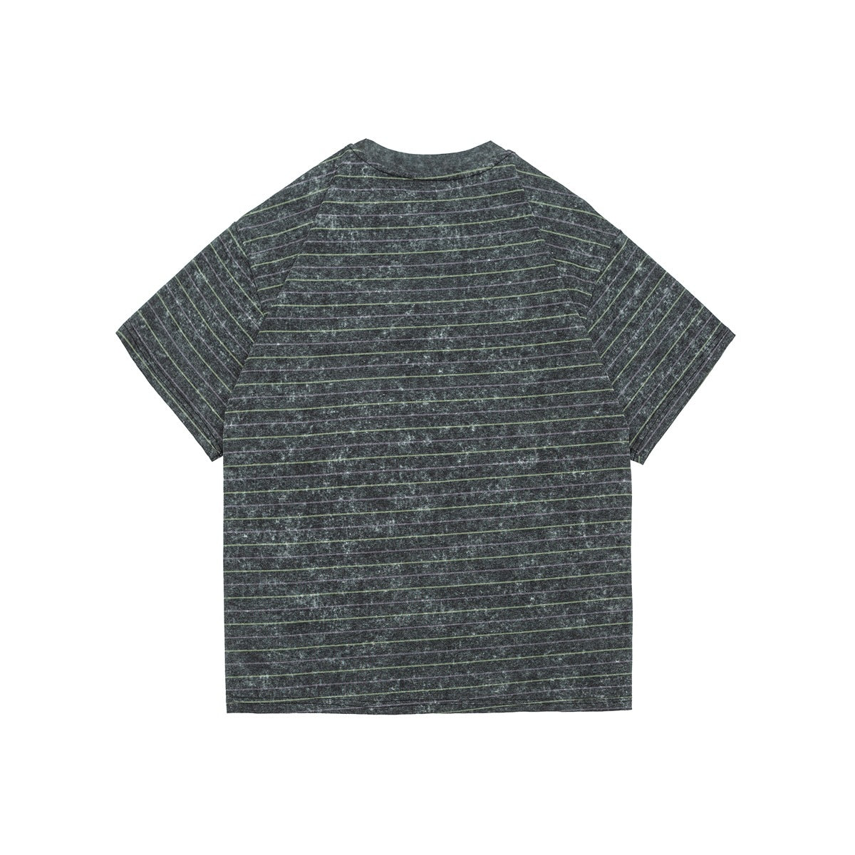 Back view of a short-sleeve dark gray T-shirt with thin green and purple horizontal stripes, laid flat on white.