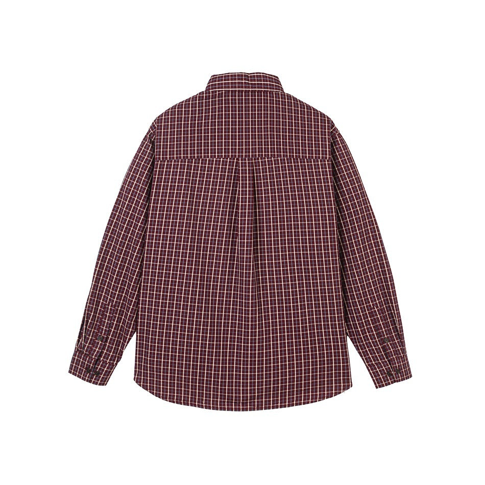 Back view of a burgundy check button-up shirt on a plain white background.